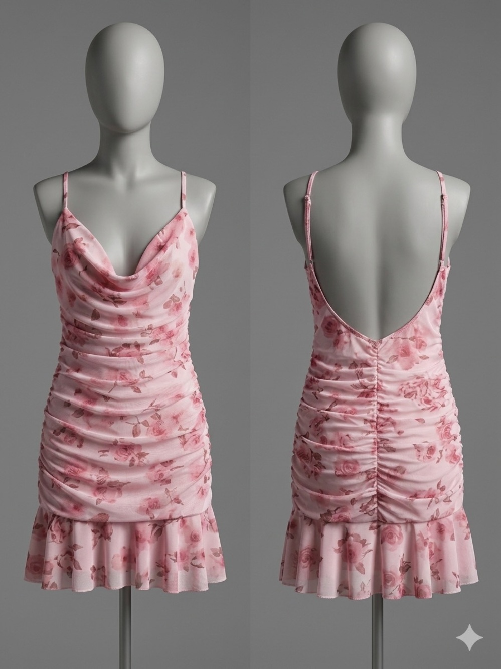 Bear Dance Pink Floral Ruched Cowl Neck Mini Dress